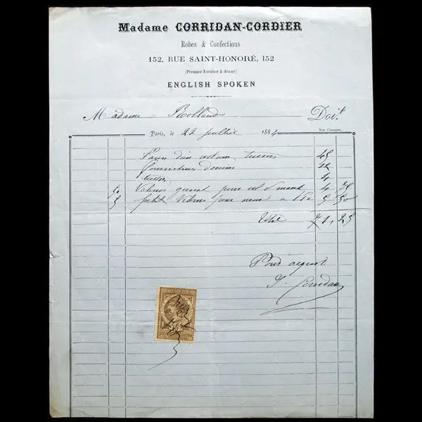 Facture De Mme Corridan-Cordier, Robes & Confections, 152 Rue Saint-Honoré À Paris (1884) 1