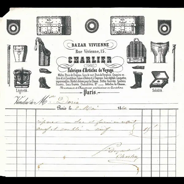 Facture De La Maison Charlier, Bazar Vivienne, Fabrique D'articles De Voyage, 15 Rue Vivienne À Paris (1860) 1