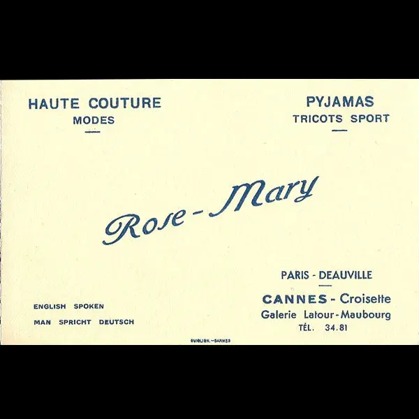 Carte De Visite De La Maison Rose-Mary, Galerie Latour-Maubourg À Cannes (Circa 1935) 1