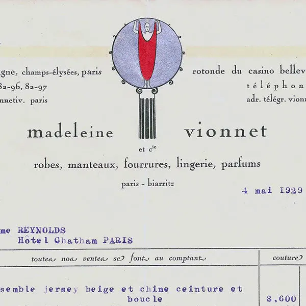 Vionnet - Facture, 50 Avenue Montaigne À Paris (4 Mai 1929) 2