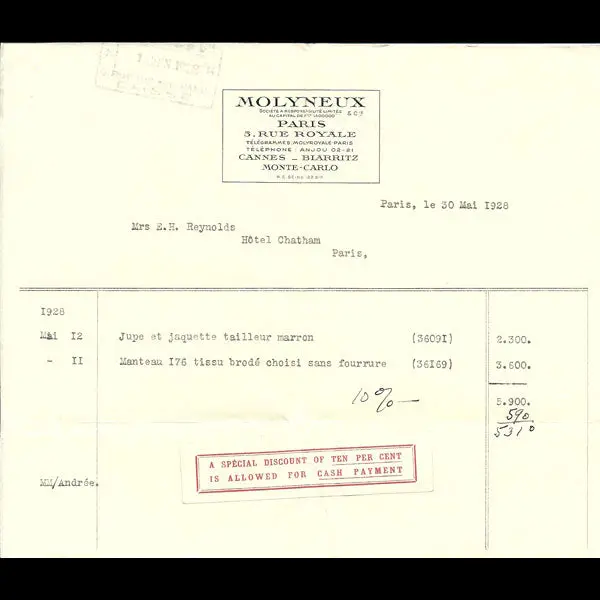 Facture De Molyneux (1928) 1