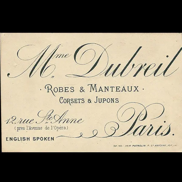 Carte De Visite De La Maison Madame Dubreuil, 12 Rue Sainte-Anne À Paris 1