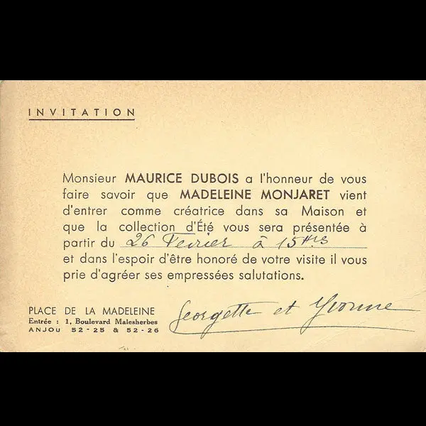 Carton D'invitation De La Maison Maurice Dubois, Place De La Madeleine À Paris (Circa 1935) 1