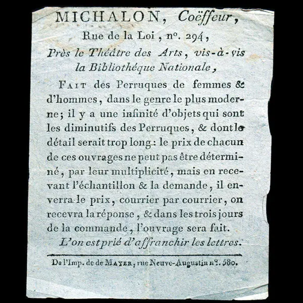 Présentation Du Coiffeur Michalon, 294 Rue De La Loi, Paris (Circa 1795) 1