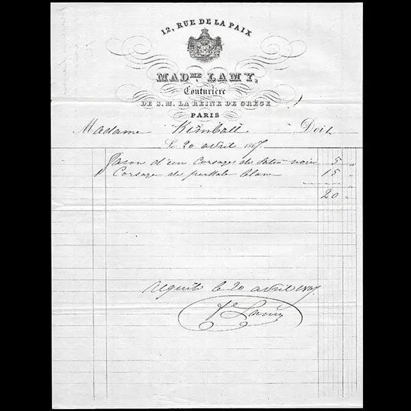 Madame Lamy - Facture De La Couturière De La Reine De Grèce, 12 Rue De La Paix À Paris (1867) 1