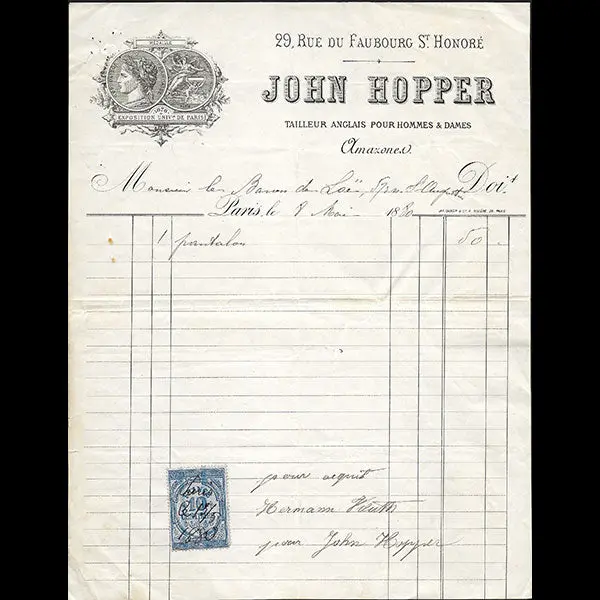 John Hopper - Facture Du Tailleur Anglais, 29 Rue Du Faubourg Saint-Honoré À Paris (1880) 1