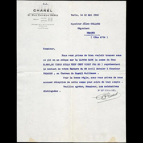Lettre De La Maison Chanel, 31 Rue Cambon À Paris (1930) 1