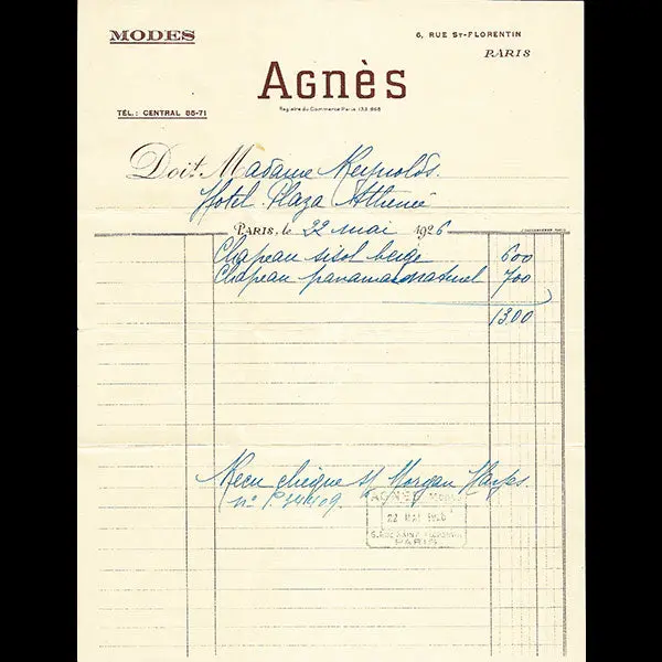 Agnès - Facture De La Maison Agnès, 6 Rue Saint-Florentin À Paris (1926) 1