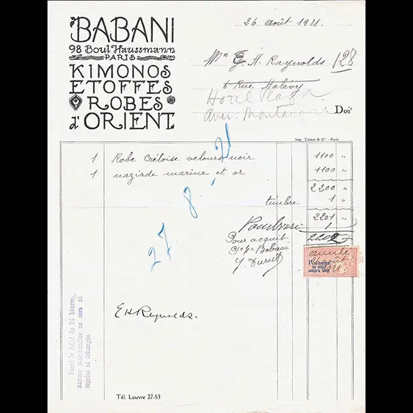 Babani - Facture De La Maison Babani, 98 Boulevard Haussmann À Paris (1921) 1