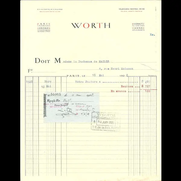 Facture De La Maison Worth, 7 Rue De La Paix, Paris (1928) 1