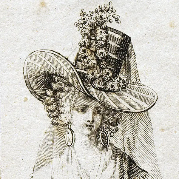 Elégante Au Chapeau Et Boucles D'oreilles À La Créole, Gravure D'almanach Du Xviiième Siècle (Circa 1780) 2