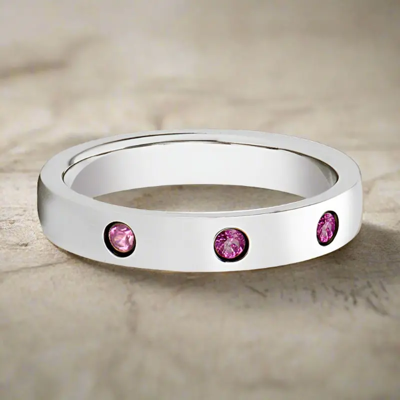 Diana | Womens Tungsten Ring, 3 Pink Sapphires, Domed 4