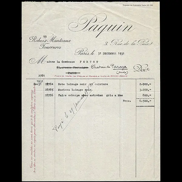 Paquin - Facture De La Maison Couture, 3 Rue De La Paix (1931) 1