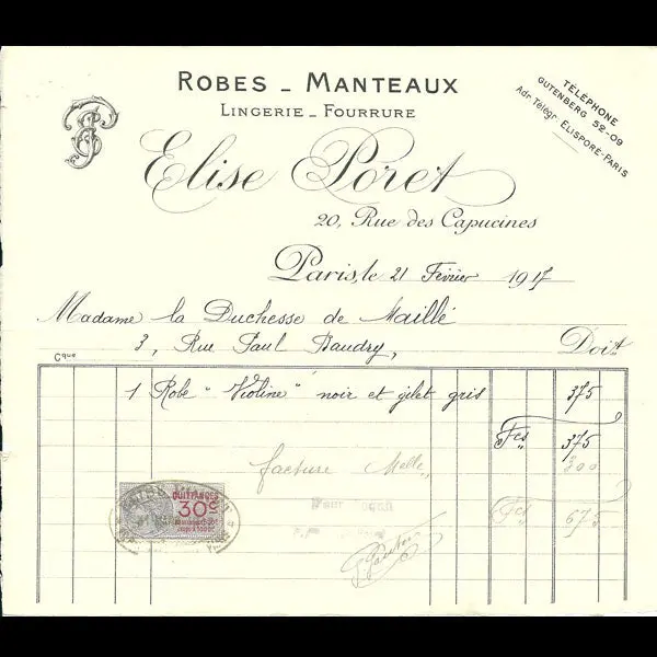 Facture De La Maison Elise Poret, 20 Rue Des Capucines À Paris (1917) 1