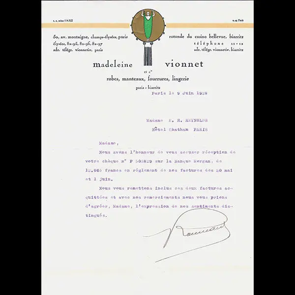 Vionnet - Lettre D'accusé De Réception, 50 Avenue Montaigne À Paris (9 Juin 1928) 1