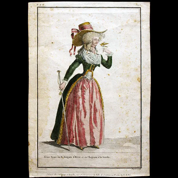Gallerie Des Modes Et Costumes Français, 1778-1787, Gravure N° Uuu 393, Jeune Dame En Redingote D'hiver Et En Chapeau À La Genlis (1787) 1