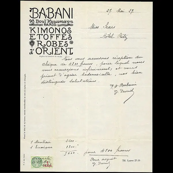 Babani - Facture De La Maison Babani, 98 Boulevard Haussmann À Paris (1927) 1