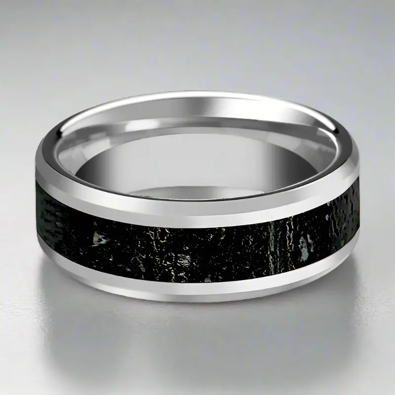 Kilauea | Tungsten Ring, Lava Rock Stone Inlay, Beveled 3