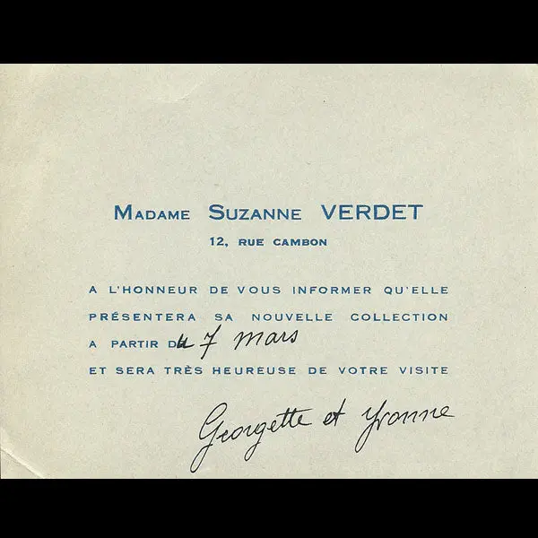 Carton D'invitation De La Maison Suzanne Verdet, 12 Rue Cambon À Paris (Circa 1930) 1