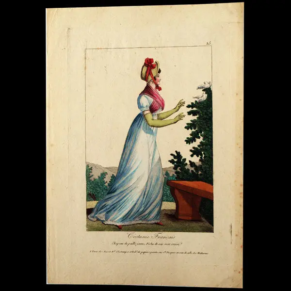 Basset - Costume Français, Chapeau De Paille Jaune, Fichu De Soie Rose Croisé (Circa 1795) 1
