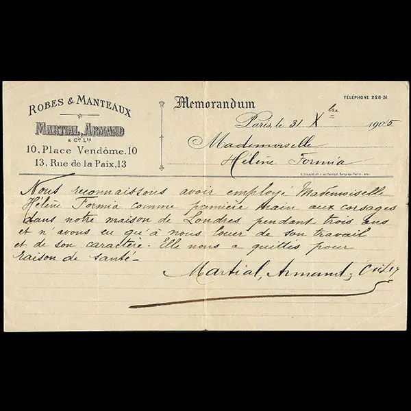 Certificat De Travail De La Maison Martial Et Armand (1905) 1