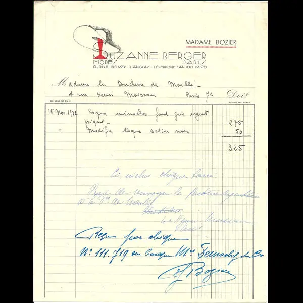 Facture De La Maison De Modes Suzanne Berger, 9 Rue Boissy D'anglas À Paris (1932) 1