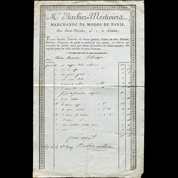 Facture De Mme Barbier-Mestiviera, Marchande De Modes De Paris, Rue Saint-Nicolas, N°7, À Nantes (1809) 1