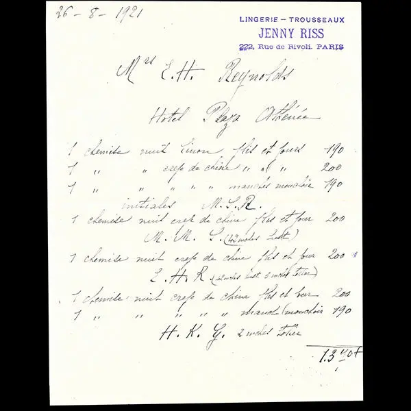 Facture De La Maison De Lingerie Jenny Riss, 222 Rue De Rivoli À Paris (1921) 1