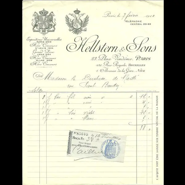 Facture De La Maison Hellstern And Sons, 23 Place Vendôme À Paris (1914) 1
