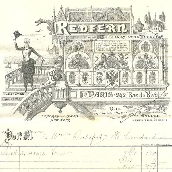 Facture De Redfern And Sons, Tailleur Pour Dames, 242, Rue De Rivoli À Paris (1889) 2