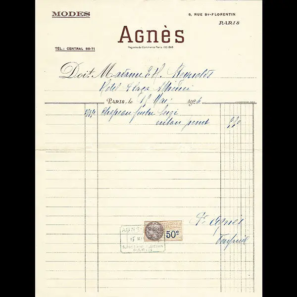 Agnès - Facture De La Maison Agnès, 6 Rue Saint-Florentin À Paris (1926) 1