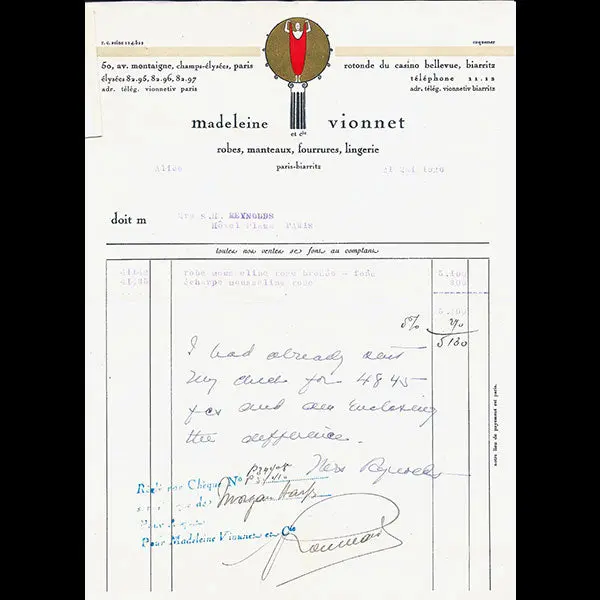 Vionnet - Facture, 50 Avenue Montaigne À Paris (21 Mai 1926) 1