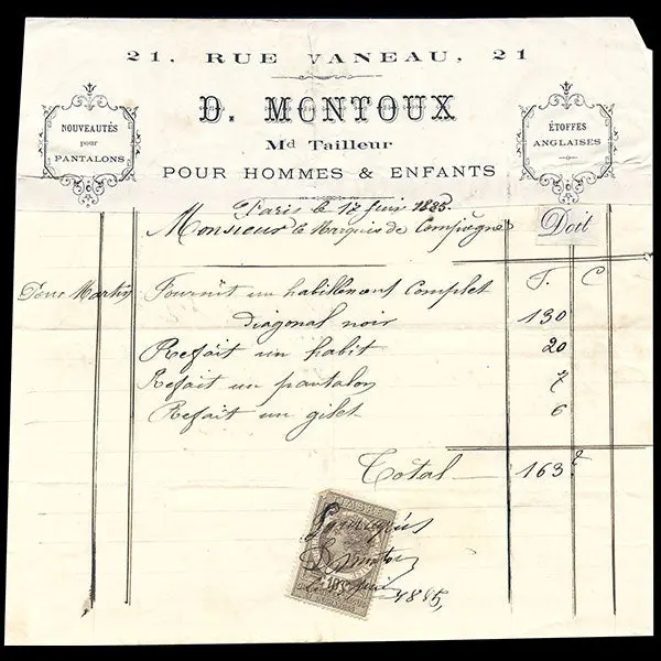 Facture De D. Montoux, Marchand Tailleur, 21 Rue Vaneau À Paris (1885) 1