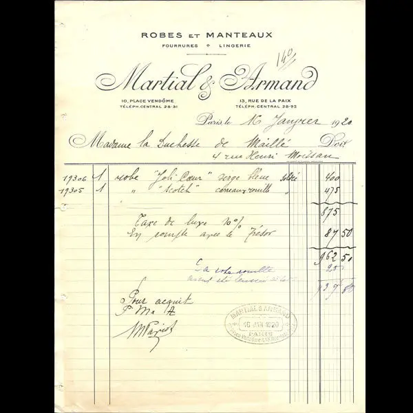 Facture De La Maison Martial Et Armand, 10 Place Vendôme À Paris (1920) 1