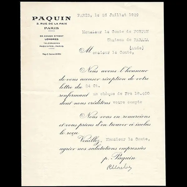 Paquin - Reçu De La Maison De Couture, 3 Rue De La Paix (1929) 1