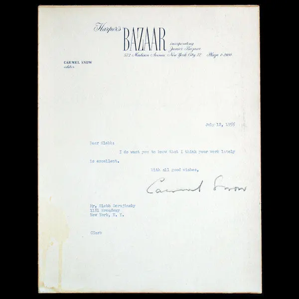 Lettre Autographe Signée De Carmel Snow À Derujinsky Sur Papier À En-Tête Du Harper's Bazaar (1955) 1