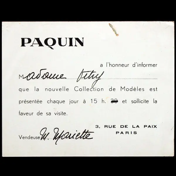 Carton D'invitation De La Maison Paquin, 3 Rue De La Paix À Paris (Circa 1940) 1