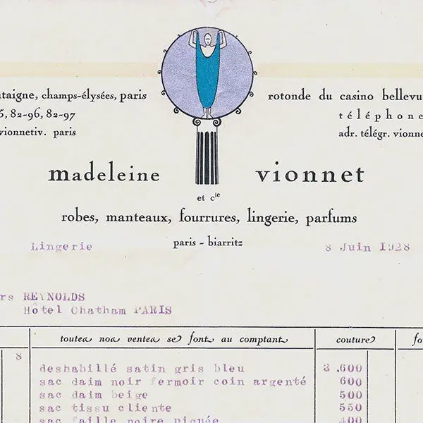 Vionnet - Facture, 50 Avenue Montaigne À Paris (8 Juin 1928) 2