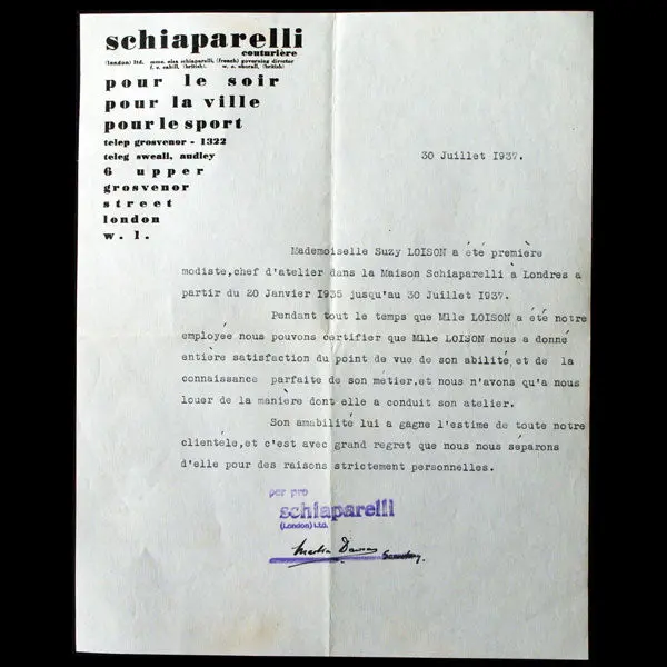 Schiaparelli - Certificat De Travail D'une Modiste À Londres (1937) 1