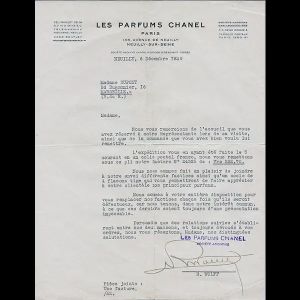 Lettre Des Parfums Chanel, Avenue De Neuilly, Neuilly-Sur-Seine (1939) 1