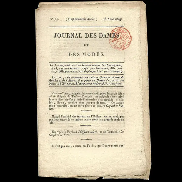 Le Journal Des Dames Et Des Modes, Costumes Parisiens, N°21, 15 Avril 1819 1