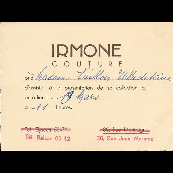 Carton D'invitation De La Maison Irmone Couture, 38 Rue Jean Mermoz À Paris (Circa 1937) 1