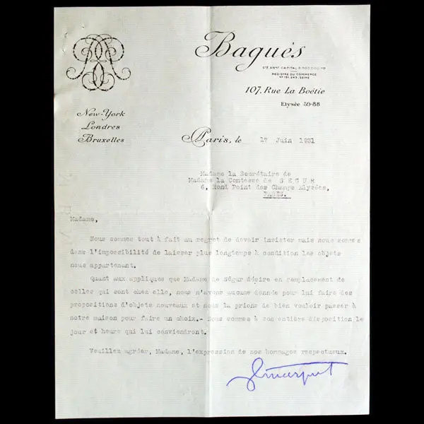 Lettre De La Maison De Lustres Et De Ferronnerie D'art Baguès Adressée À La Comtesse De Ségur (1931) 1
