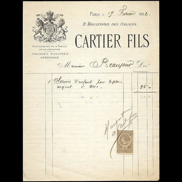 Cartier Fils - Facture De La Maison De Joaillerie, Bijouterie, Orfèvrerie, 9 Boulevard Des Italiens À Paris (1882) 1