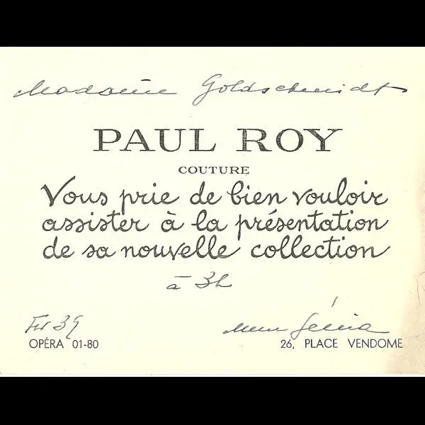 Carton D'invitation De La Maison Paul Roy, 26 Place Vendôme À Paris (Circa 1937-1940) 1