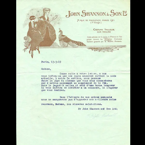 Lettre De La Maison John Shannon & Son, 71 Rue De Provence À Paris (1919) 1