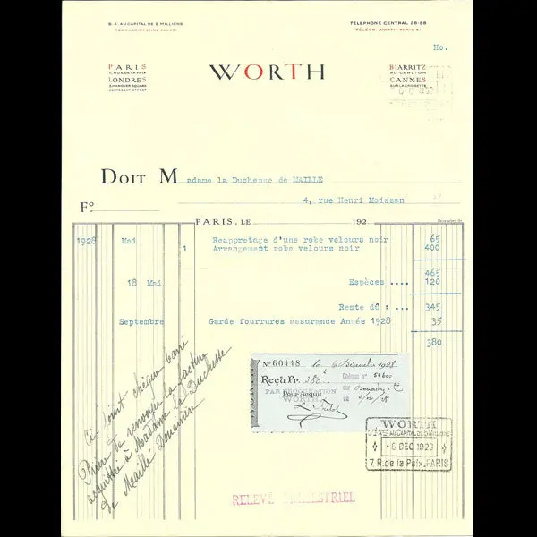 Facture De La Maison Worth, 7 Rue De La Paix, Paris (1928) 1