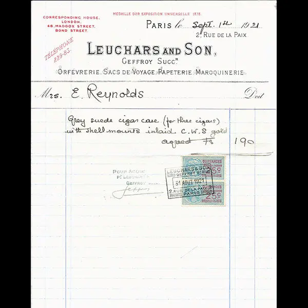 Facture De La Maison Leuchars And Son, 2 Rue De La Paix À Paris (1921) 1