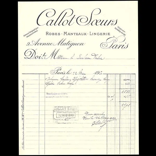 Callot Soeurs - Facture Des Soeurs Callot, 9 Avenue De Matignon À Paris (1920) 1