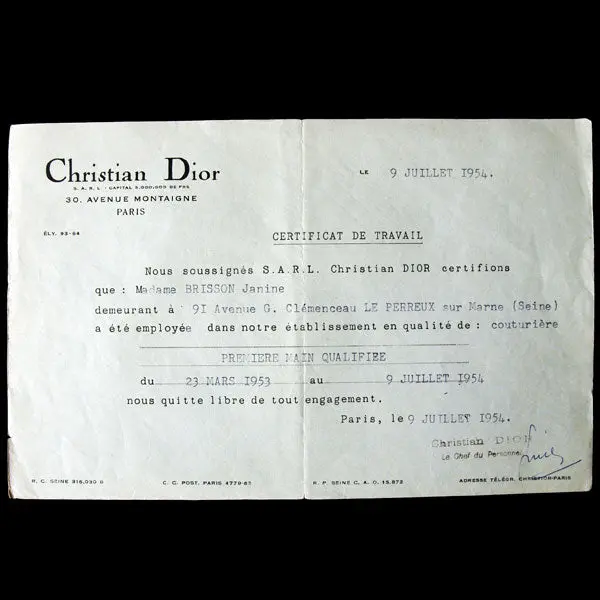 Certificat De Travail De La Maison Christian Dior (1954) 1